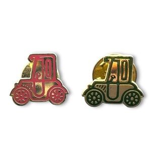 Adorable Red/Green Vintage Brass & Enamel Mini Car Pins Set of 2